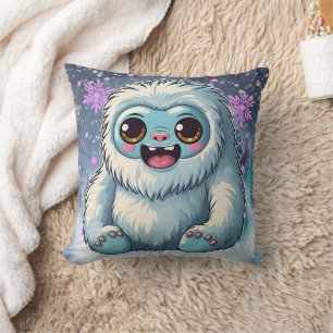 Yeti Sitting Kawaii Snowflakes Afdrukken Kussen