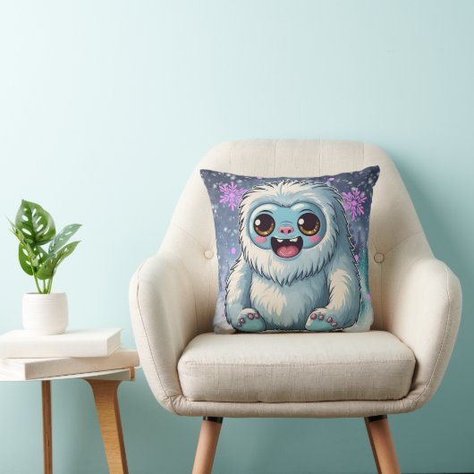 Yeti Sitting Kawaii Snowflakes Afdrukken Kussen (Stoel)