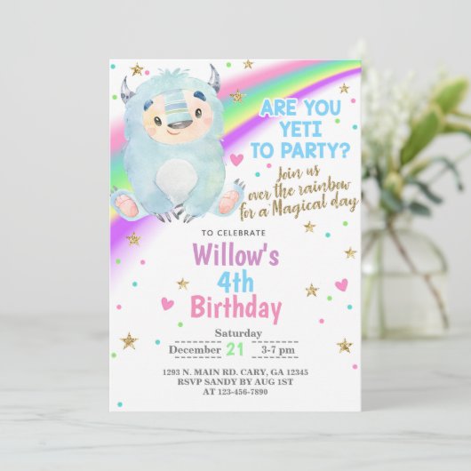 Yeti wintermeisje verjaardagsuitnodiging, Yeti uit Kaart (Staand voorkant)