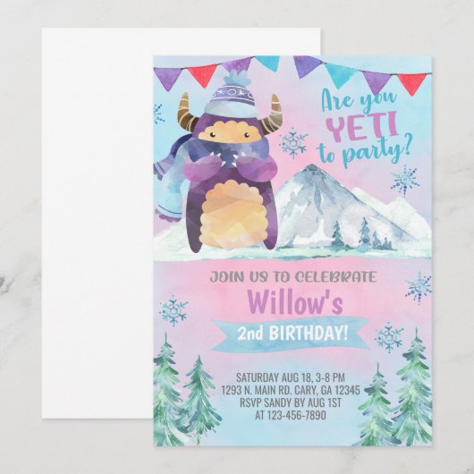 Yeti wintermeisje verjaardagsuitnodiging, Yeti uit Kaart (Voorkant / Achterkant)