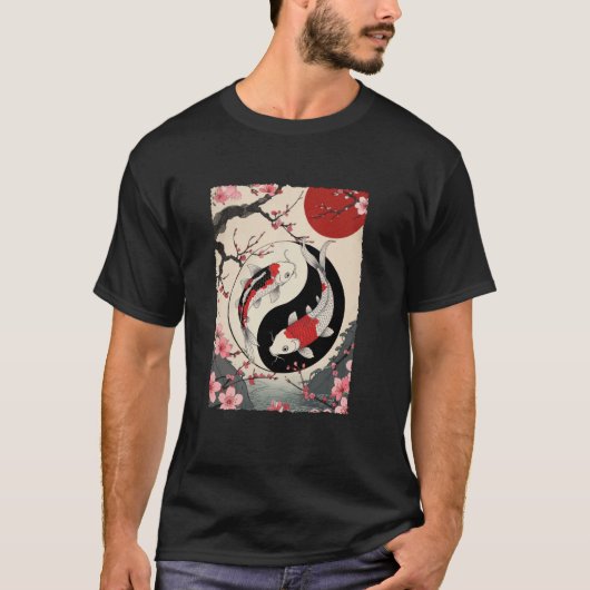 Yin And Yang Japanese Koi Carp Fish Cherry Blossom T-shirt (Voorkant)
