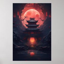 Yin en Yang Bridge en Tempel in Cyberpunk Neon Poster