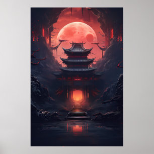 Yin en Yang Bridge en Tempel in Cyberpunk Neon Poster