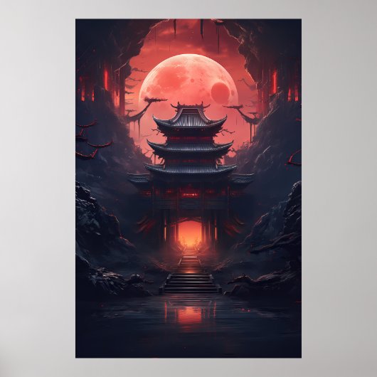 Yin en Yang Bridge en Tempel in Cyberpunk Neon Poster (Voorkant)
