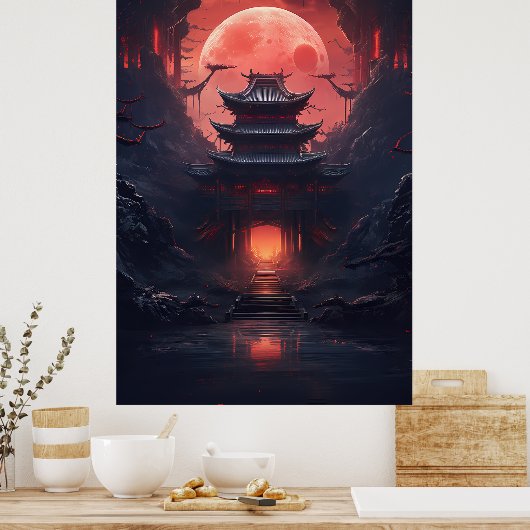 Yin en Yang Bridge en Tempel in Cyberpunk Neon Poster (Keuken)