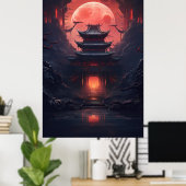Yin en Yang Bridge en Tempel in Cyberpunk Neon Poster (Thuiskantoor)