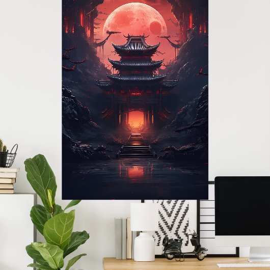 Yin en Yang Bridge en Tempel in Cyberpunk Neon Poster (Thuiskantoor)