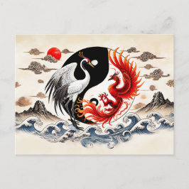 Yin en Yang Crane en Phoenix in Aziatische kunstst Briefkaart