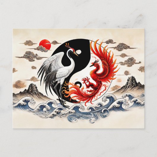 Yin en Yang Crane en Phoenix in Aziatische kunstst Briefkaart (Voorkant)