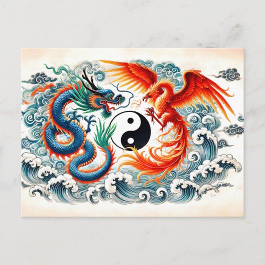 Yin en Yang Dragon en Phoenix in Aziatische kunsts Briefkaart (Voorkant)