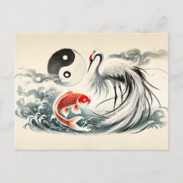 Yin en Yang Koi en Crane in Aziatische kunststijl Briefkaart