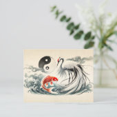 Yin en Yang Koi en Crane in Aziatische kunststijl Briefkaart (Staand voorkant)