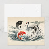 Yin en Yang Koi en Crane in Aziatische kunststijl Briefkaart (Voorkant / Achterkant)