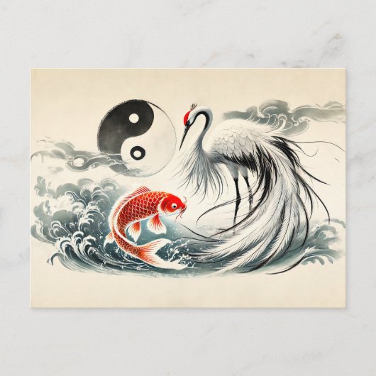 Yin en Yang Koi en Crane in Aziatische kunststijl Briefkaart (Voorkant)