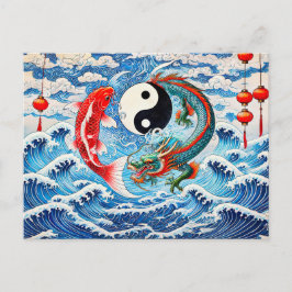 Yin en Yang Koi en Draak in Aziatische Kunststijl Briefkaart