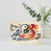 Yin en Yang Koi en Phoenix in Aziatische kunststij Briefkaart (Staand voorkant)