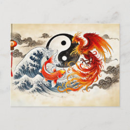 Yin en Yang Koi en Phoenix in Aziatische Kunststij Briefkaart