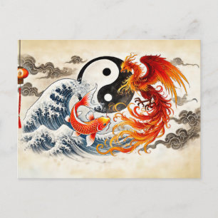 Yin en Yang Koi en Phoenix in Aziatische Kunststij Briefkaart