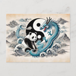 Yin en Yang Panda en Draak in Aziatische Kunststij Briefkaart