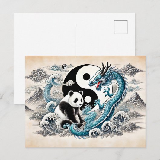 Yin en Yang Panda en Dragon in Aziatische kunststi Briefkaart (Voorkant / Achterkant)
