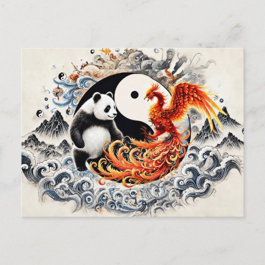 Yin en Yang Panda en Phoenix in Aziatische kunstst Briefkaart (Voorkant)