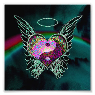 Yin Yang, Angel Wings, Heart en Space Foto Afdruk