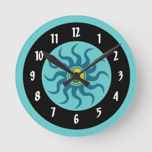 Yin-Yang Aztec Sun/Aqua en zwarte cirkels Ronde Klok