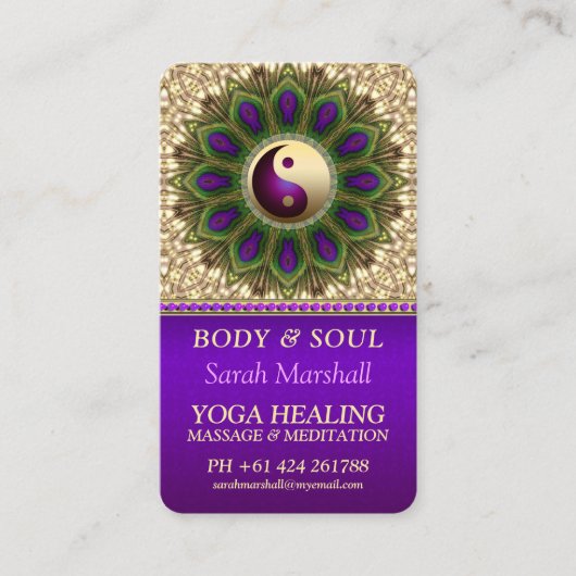 Yin Yang Balance Paarse Groene Pauw Mandala Visitekaartje (Voorkant)