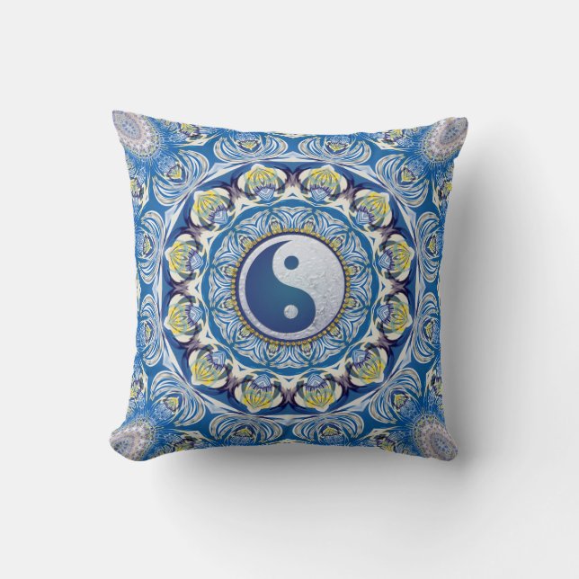 Yin Yang Balans Leven Blauw Geel Mandala Kussen (Voorkant)