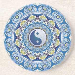 Yin Yang Balans Leven Blauw Geel Mandala Zandsteen Onderzetter