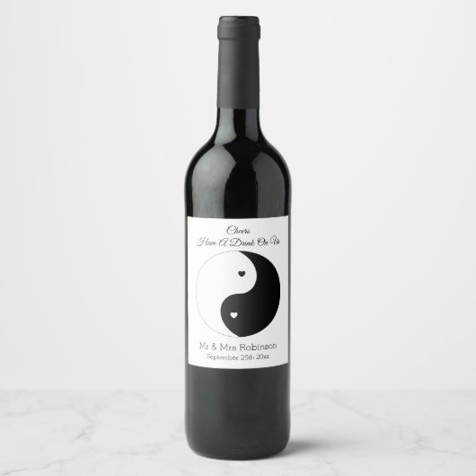 Yin Yang Black and White Hearts Weddenschap Wine L Wijn Etiket (Voorkant)