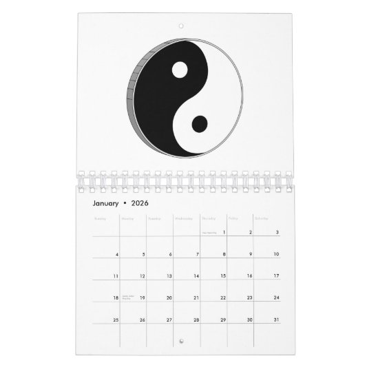 Yin Yang Black en White Symbol Kalender (Jan 2026)