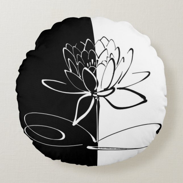 Yin Yang Black White Lotus Blossom Rond Kussen (Voorkant)