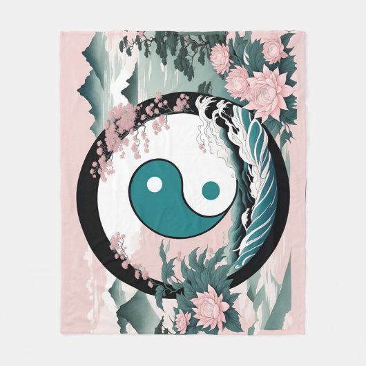 Yin Yang, Bloemenberg Roze Sage Blauwgroen Fleece Deken (Voorkant)