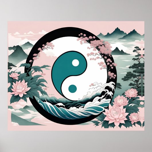 Yin Yang, Bloemenberg Roze Sage Blauwgroen Poster (Voorkant)