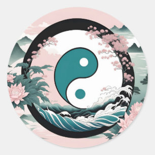 Yin Yang, Bloemenberg Roze Sage Blauwgroen Ronde Sticker