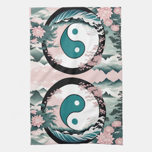 Yin Yang, Bloemenberg Roze Sage Blauwgroen Theedoek (Verticaal)