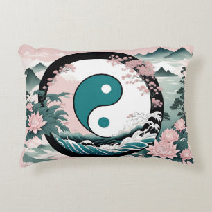 Yin Yang, Bloemrijke Berg Roze Salie Teal Accent Kussen