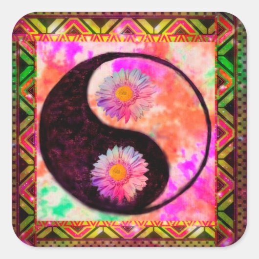 Yin Yang Boho Aztec Peace Love Tie Dye Rainbow Vierkante Sticker (Voorkant)