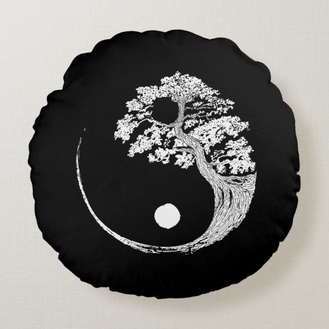 Yin Yang Bonsai Tree Japanse boeddhist Zen Rond Kussen (Voorkant)