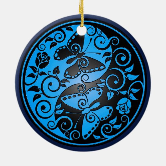 Yin Yang Butterflies, blauw en zwart Keramisch Ornament (Achterkant)