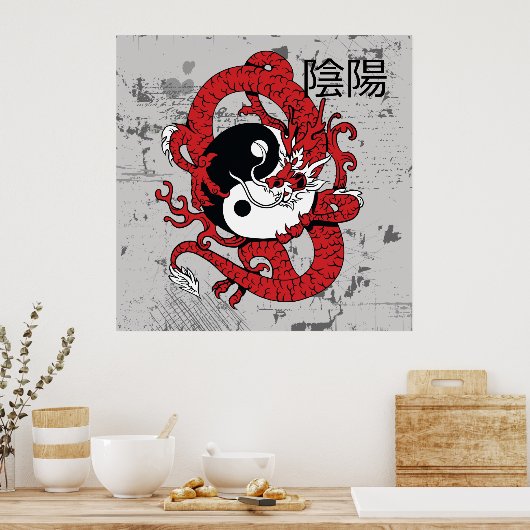 Yin yang Chinees symbool en draak Poster (Keuken)