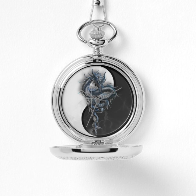 Yin Yang Chinese Dragon Zilveren Zakhorloge Horloge (Voorkant)