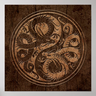 Yin Yang Chinese Dragons met houtenkorrel-effect Poster