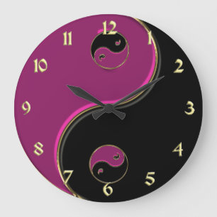 Yin Yang Clock in Black en Hot Pink met Gold Grote Klok