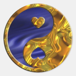 Yin & Yang/de gouden   blauwe golven van Harten Ronde Sticker
