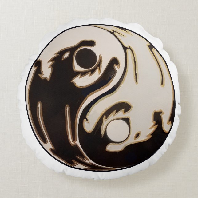 Yin yang Double Dragon Rond Kussen (Voorkant)