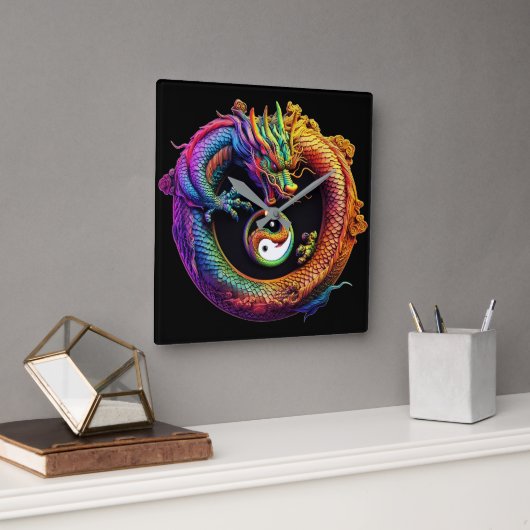 Yin Yang Dragon Wall Clock Vierkante Klok (Kantoor)