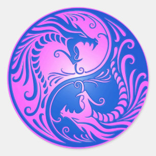 Yin Yang Dragons, blauw en paarse Ronde Sticker