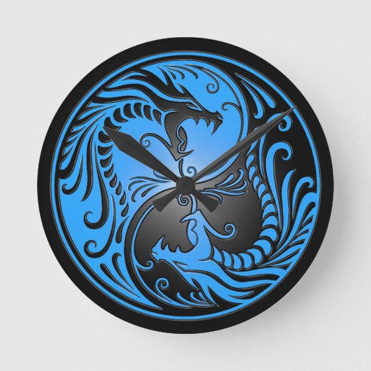 Yin Yang Dragons, blauw en zwart Ronde Klok (Voorkant)